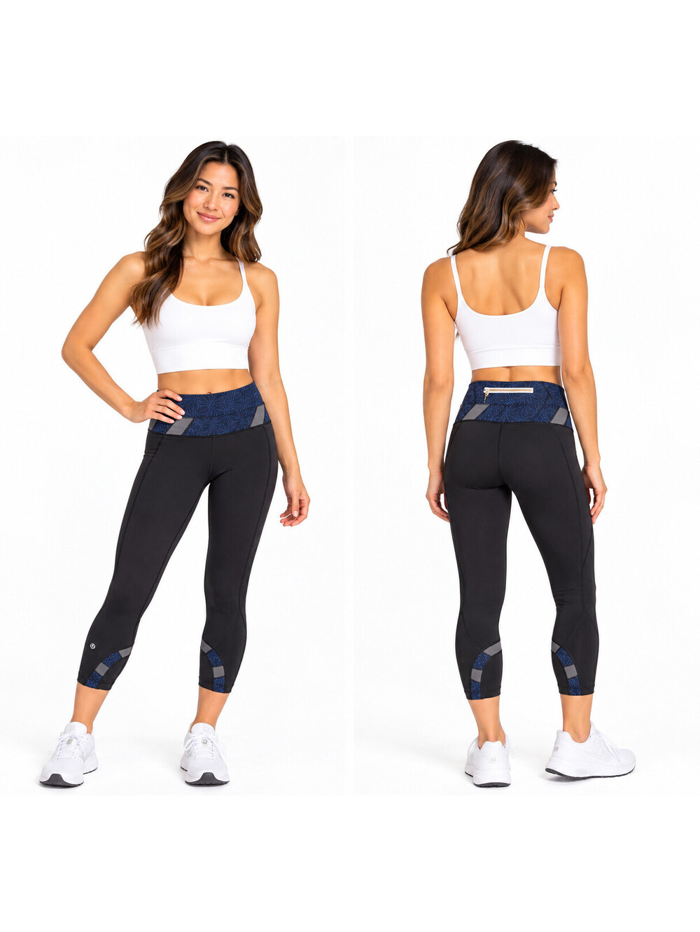 Lululemon Womens Crop Leggings Size 2 Black Blue Pattern Yoga Running Pants 21"